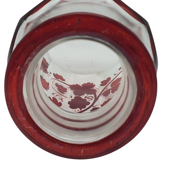 Antique Glass Panel Apothecary Jar Ruby Red Flash Grape Vine Leaf Clear Dome Lid - Picture 10 of 14